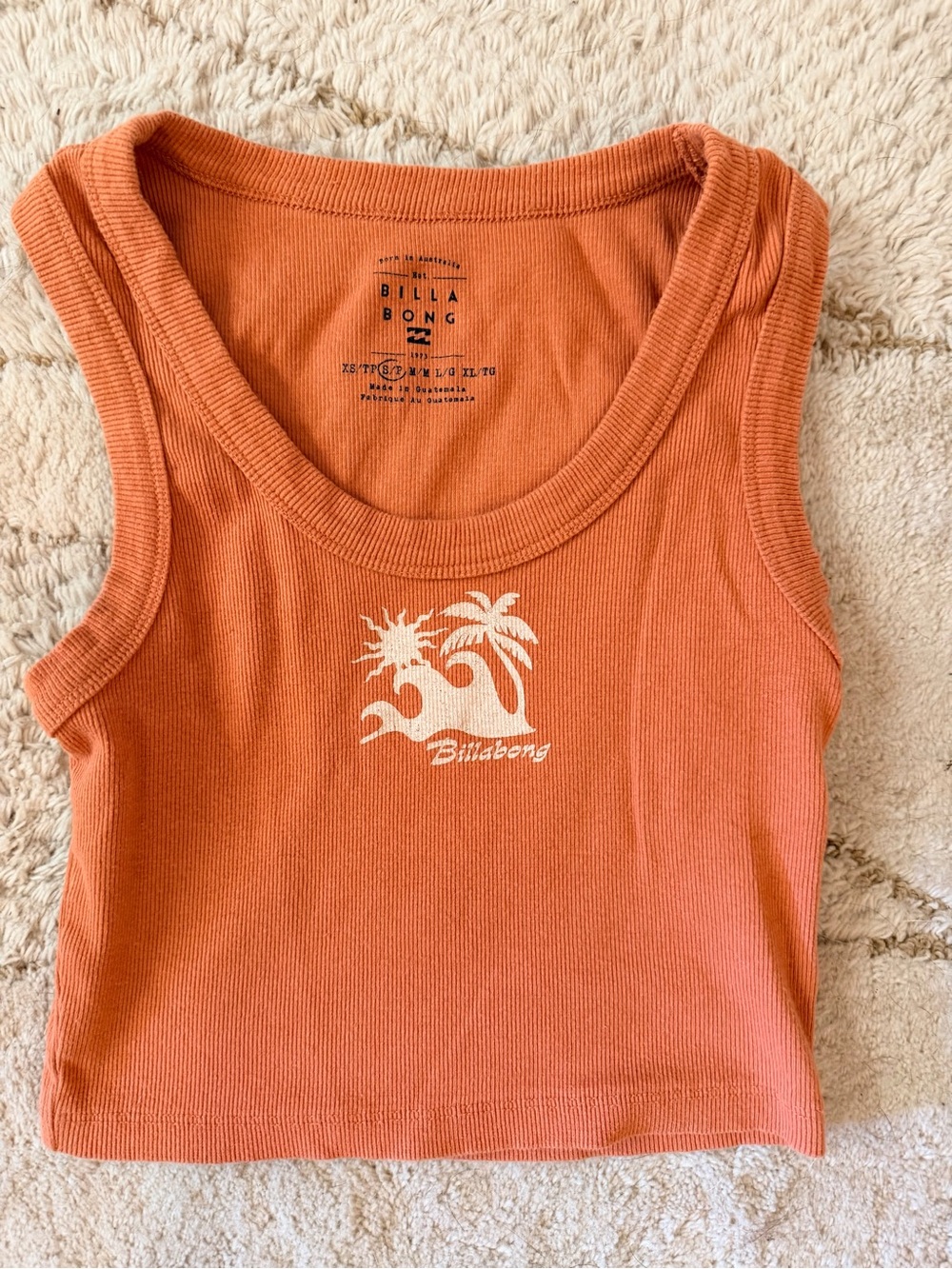 Billabong Orange Ribbed Tank with White Palm Wave Graphic